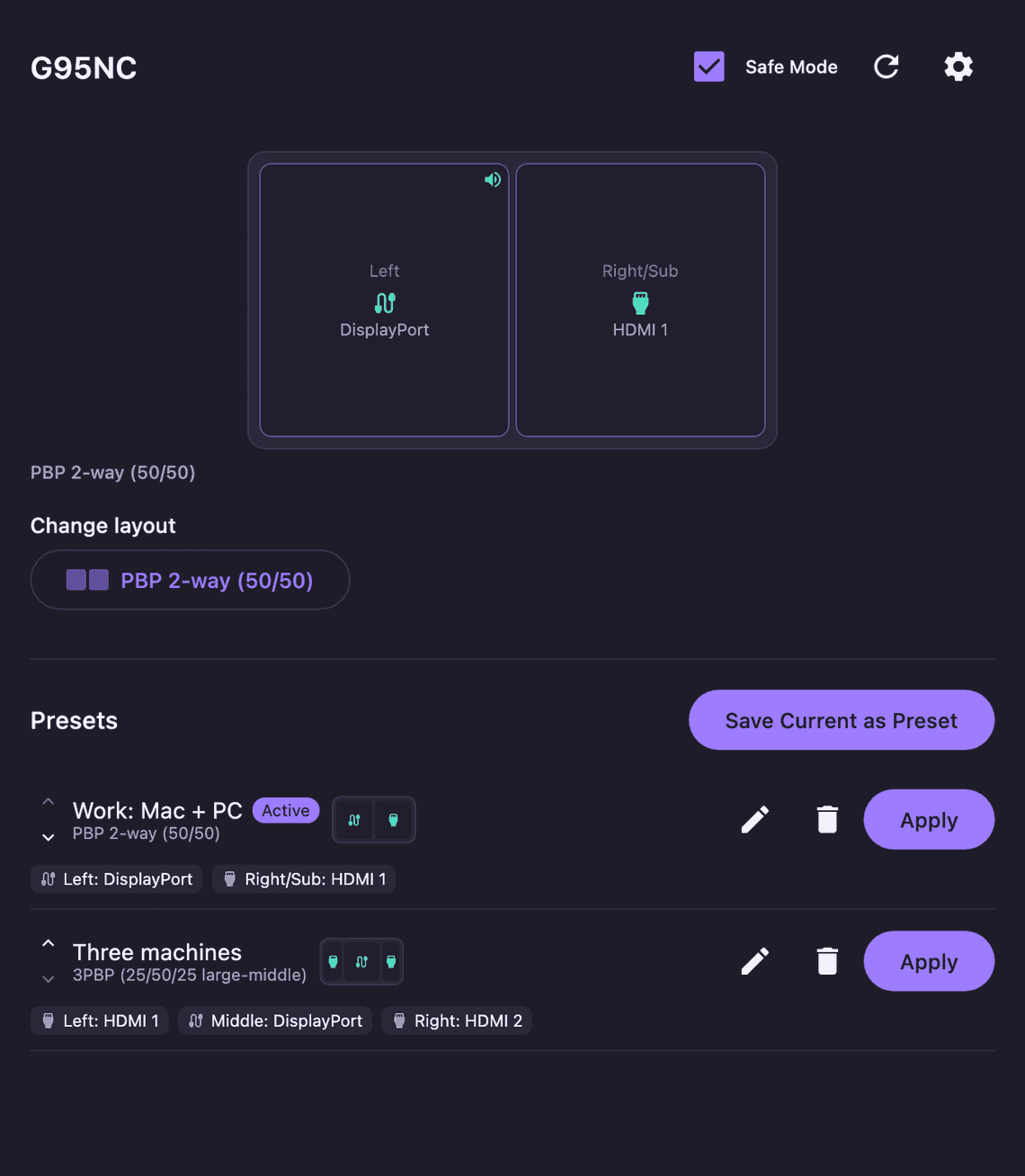 G95NC Controller dashboard in dark theme